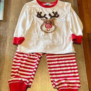Festive Reindeer Kids Pajama Set - Red & White